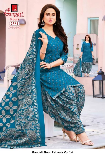 Ganpati Noor Patiyala Vol 14: Model wearing a blue cotton salwar suit with intricate patterns and a matching printed dupatta.