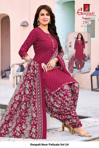 Ganpati Noor Patiyala Vol 14: Model wearing a maroon cotton salwar suit with a small diamond pattern and floral dupatta.