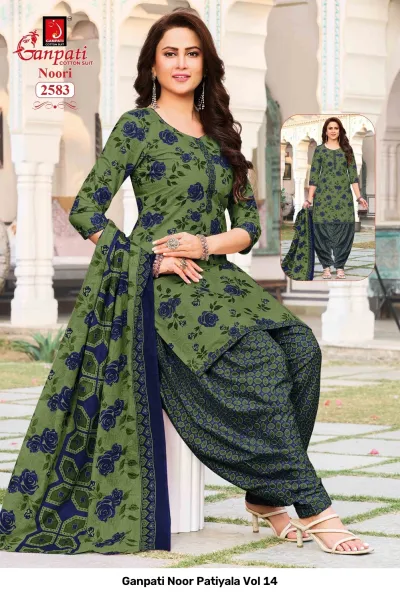 Ganpati Noor Patiyala Vol 14: Model wearing a green cotton kurti and salwar featuring a dark navy blue floral print.