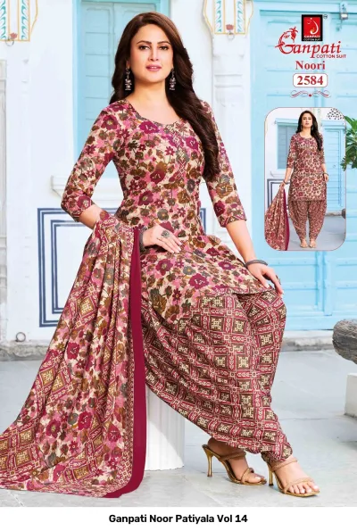Ganpati Noor Patiyala Vol 14: Model wearing a pink and brown floral print cotton salwar suit with a coordinating patterned dupatta.