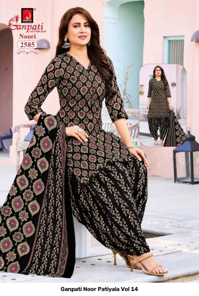Ganpati Noor Patiyala Vol 14: Model wearing a black cotton salwar suit with a geometric pattern and floral accents on the dupatta.