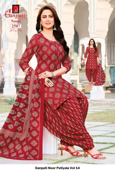 Ganpati Noor Patiyala Vol 14: Model wearing a red cotton salwar suit with traditional motifs and a printed dupatta.