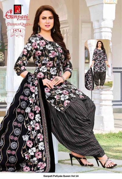 Ganpati Patiyala Queen Vol 14 black kurti with pink floral prints, matching striped patiala bottoms, and a floral dupatta.
