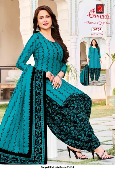 Ganpati Patiyala Queen Vol 14 teal blue kurti with black vine print, matching black floral patiala bottoms, and a printed dupatta.