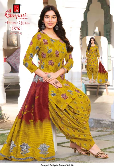Ganpati Patiyala Queen Vol 14 mustard yellow kurti with floral prints, matching patiala bottoms, and a multi-colored ombre dupatta.