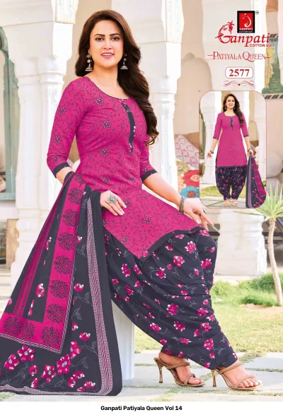 Ganpati Patiyala Queen Vol 14 pink kurti with delicate print, black floral patiala bottoms, and a matching pink-and-black dupatta.