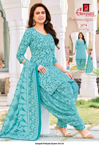 Ganpati Patiyala Queen Vol 14 teal blue kurti with vine print, matching patterned patiala bottoms, and a matching printed dupatta.
