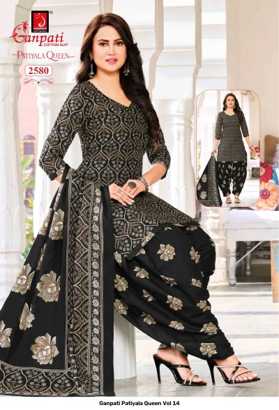 Ganpati Patiyala Queen Vol 14 black kurti with golden floral prints, matching floral patiala bottoms, and a coordinated dupatta.