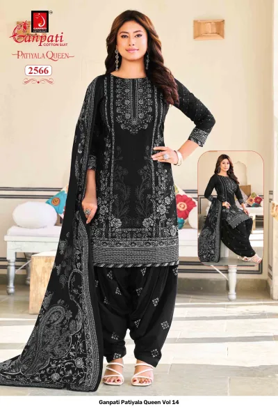 Ganpati Patiyala Queen Vol 14 black salwar suit with white printed kurti and matching patiala bottom and dupatta.