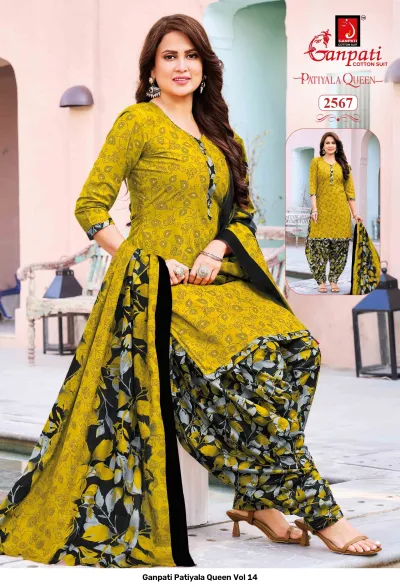 Ganpati Patiyala Queen Vol 14 mustard yellow kurti with black floral printed patiala bottoms and a matching dupatta.