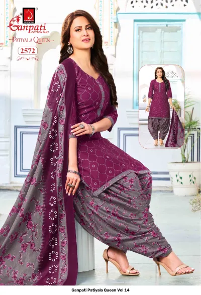 Ganpati Patiyala Queen Vol 14 purple kurti with geometric print, grey floral patiala bottoms, and a matching printed dupatta.