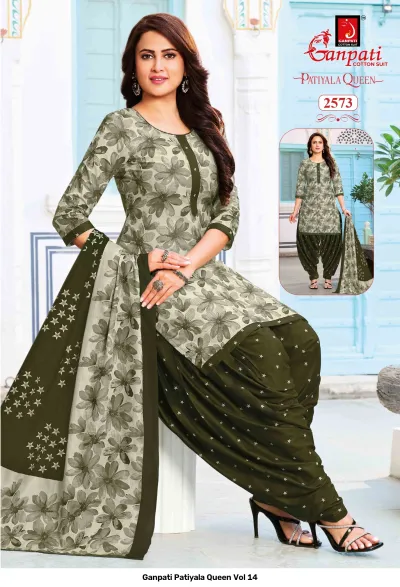 Ganpati Patiyala Queen Vol 14 olive green kurti with floral print, matching star-patterned patiala bottoms, and a matching dupatta.