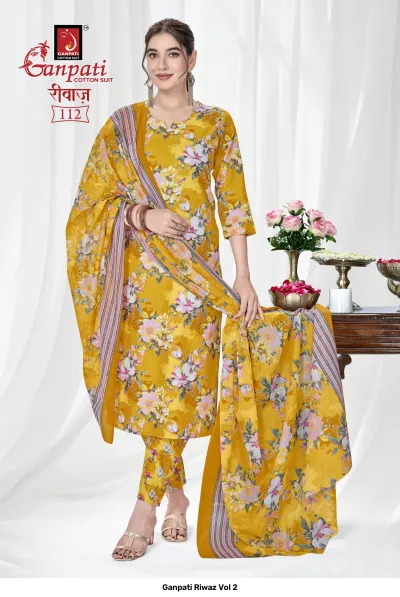 Ganpati Riwaz Vol 2 mustard yellow salwar suit with floral print, full view with matching pants and dupatta.