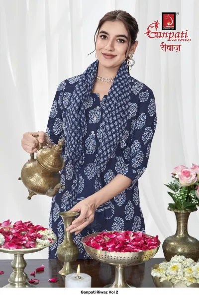 Ganpati Riwaz Vol 2 close-up of a dark blue salwar suit with white block-style print and dupatta.