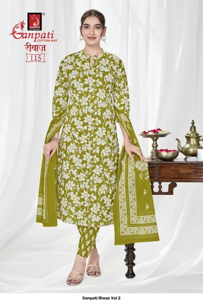Ganpati Riwaz Vol 2 olive green salwar suit with white floral print, full view with matching pants and dupatta.