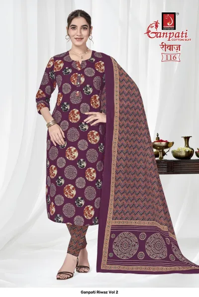 Ganpati Riwaz Vol 2 dark purple salwar suit with geometric circular print, full view with matching pants and dupatta.