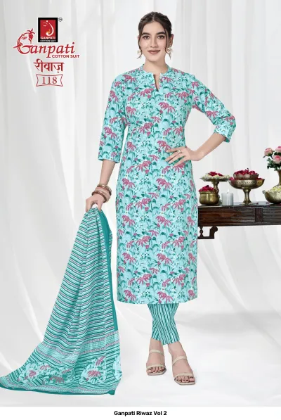 Ganpati Riwaz Vol 2 purple salwar suit with white floral print, full view with matching pants and dupatta.
