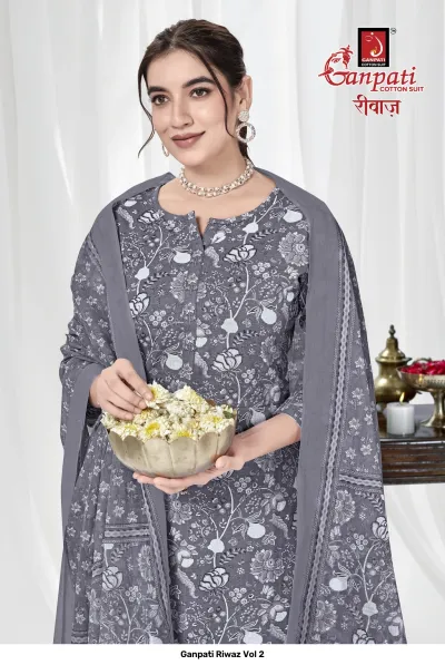 Ganpati Riwaz Vol 2 light blue salwar suit with pink floral print, full view with matching pants and dupatta.