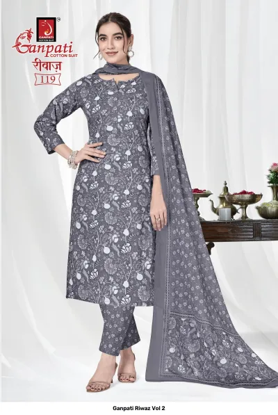 Ganpati Riwaz Vol 2 close-up of a grey salwar suit with white floral print and matching dupatta.