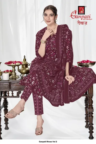 Ganpati Riwaz Vol 2 maroon salwar suit with white floral print, includes matching pants and printed dupatta.