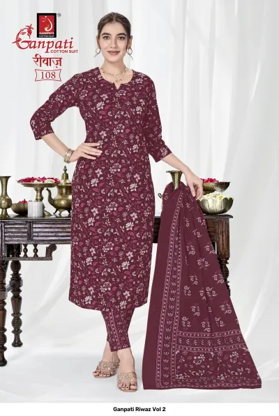 Ganpati Riwaz Vol 2 maroon salwar suit with white floral print, full view with matching pants and dupatta.