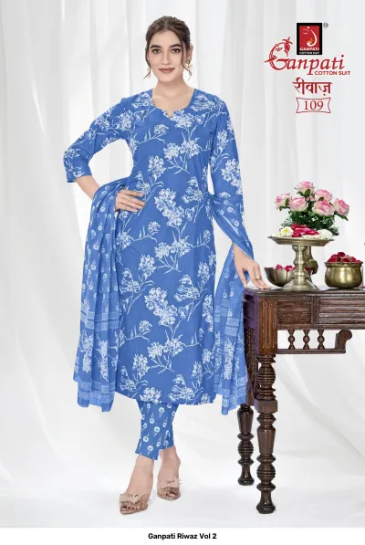 Ganpati Riwaz Vol 2 blue salwar suit with white floral print, full view with matching pants and dupatta.