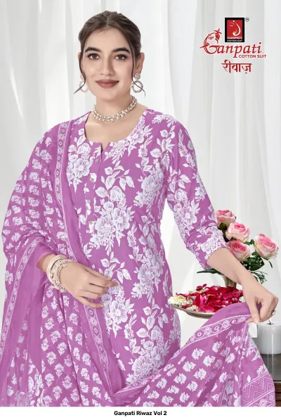Ganpati Riwaz Vol 2 close-up of a purple salwar suit with white floral print and matching dupatta.