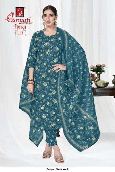 Ganpati Riwaz Vol 2 dark teal salwar suit with yellow floral print, full view with matching pants and dupatta.