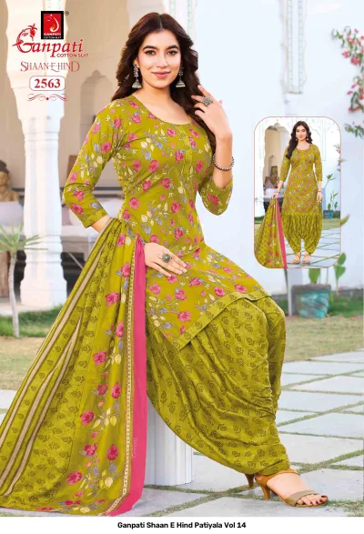 Ganpati Shaan E Hind Patiyala Vol 14: Olive green cotton salwar suit with pink floral prints, matching patterned patiyala pants, and bordered floral dupatta.