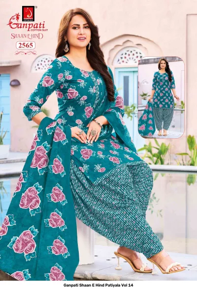 Ganpati Shaan E Hind Patiyala Vol 14: Teal blue cotton salwar suit with large pink floral prints, matching patterned patiyala pants and floral dupatta.
