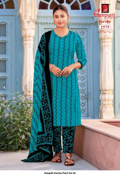 Ganpati Varsha Pant Vol 16 design 10 of 14 — Pure Cotton Unstitched Dress Materials with print by Ganpati Cotton Suit, wholesale Surat