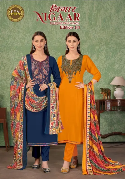 Harshit Nigaar Vol 51: Catalog cover featuring two salwar suits in navy blue and mustard yellow with thread work and printed dupattas.