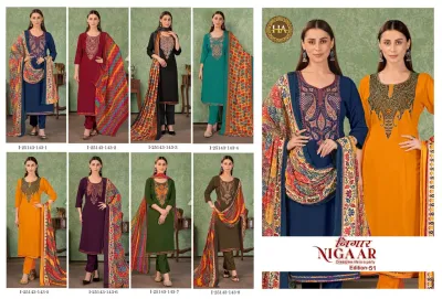 Harshit Nigaar Vol 51: Catalog collage displaying eight different salwar suit designs featuring thread work and printed dupattas.