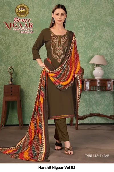 Harshit Nigaar Vol 51: Olive green salwar suit with paisley thread work embroidery and a multi-colored diagonal stripe printed dupatta.