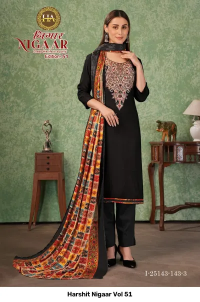Harshit Nigaar Vol 51: Black salwar suit featuring detailed paisley thread work embroidery and a vibrant multicolored geometric printed dupatta.