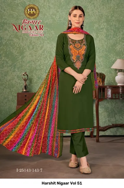 Harshit Nigaar Vol 51: Dark green salwar suit with paisley thread work embroidery and a multicolored diagonal stripe printed dupatta.