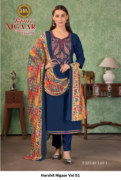 Harshit Nigaar Vol 51: Navy blue salwar suit featuring intricate paisley thread work embroidery and a multicolored printed dupatta.
