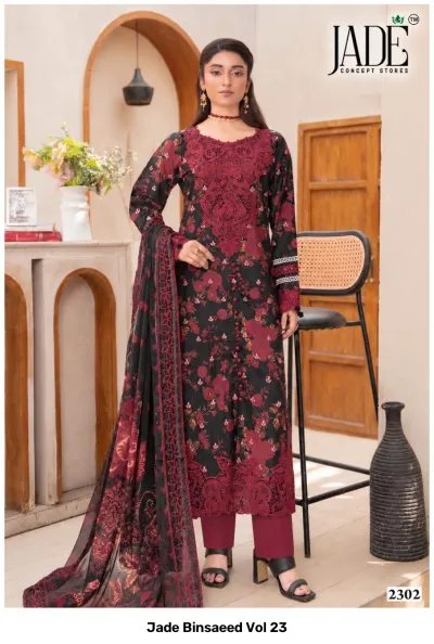 Jade Binsaeed Vol 23: Black salwar suit featuring floral print, heavy maroon thread work embroidery on the bodice and hemline, and a printed dupatta.