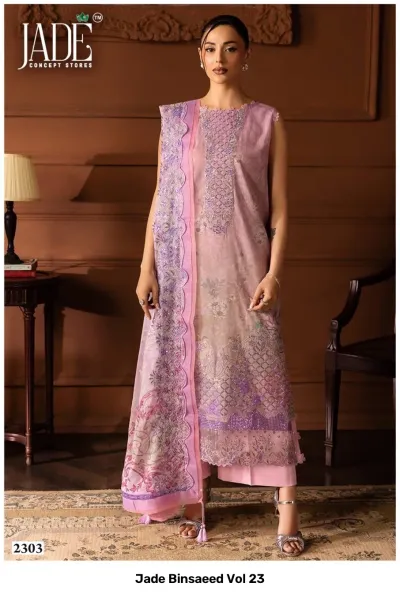 Jade Binsaeed Vol 23: Light purple sleeveless salwar suit with intricate thread work embroidery, scalloped edges on the matching dupatta, and solid trousers.