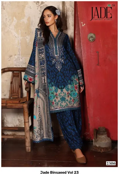 Jade Binsaeed Vol 23: Navy blue salwar suit with animal and floral print, featuring mirror work and thread embroidery details, paired with a matching dupatta.