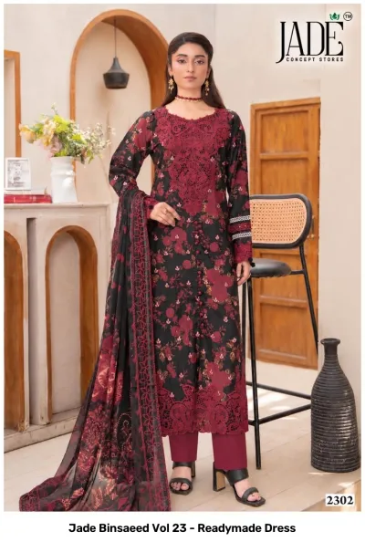 Jade Binsaeed Vol 23 - Readymade Dress: A black cotton salwar suit featuring red floral prints, button details, and heavy red thread work embroidery.