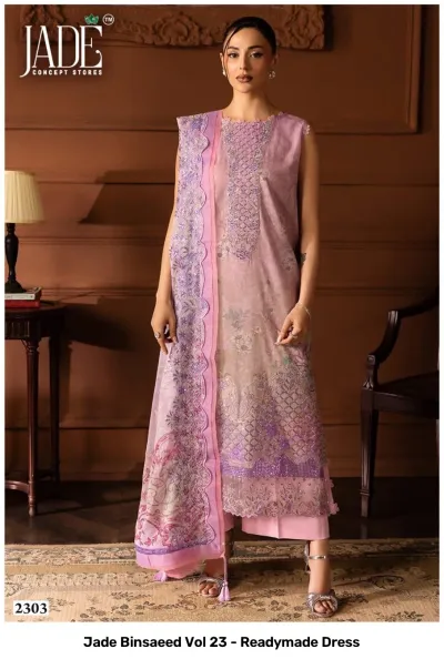 Jade Binsaeed Vol 23 - Readymade Dress: Light purple cotton salwar suit with intricate thread work, scalloped dupatta edges, and floral embellishments.
