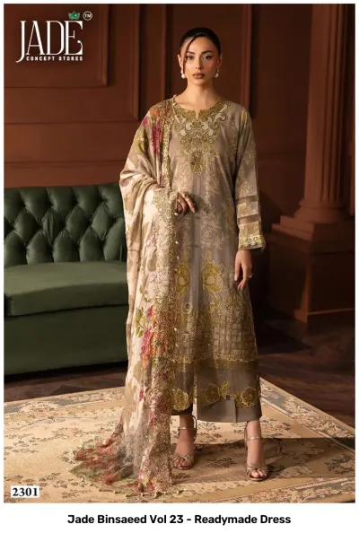 Jade Binsaeed Vol 23 - Readymade Dress: Grey cotton salwar suit featuring floral prints, gold-toned thread work embroidery, and a matching patterned dupatta.