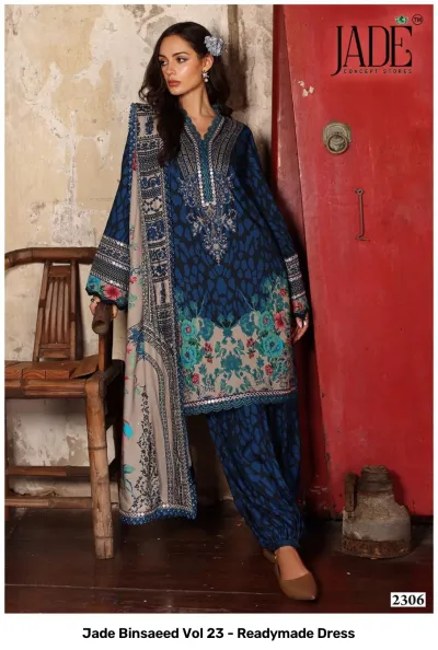 Jade Binsaeed Vol 23 - Readymade Dress: Navy blue salwar suit with animal-inspired print, floral hem, mirror work embroidery, and a matching dupatta.