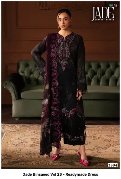 Jade Binsaeed Vol 23 - Readymade Dress: Dark charcoal salwar suit with deep purple floral patterns and detailed thread work embroidery on the bodice and dupatta.