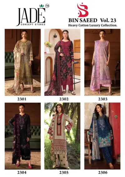 Jade Binsaeed Vol 23 - Readymade Dress: A catalog collage displaying six different readymade salwar suit designs from the Vol 23 collection.