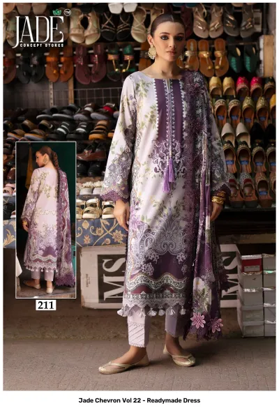 Jade Chevron Vol 22 - Readymade Dress: Model in a light lavender and purple printed kurti with embroidery, paired with slim trousers and matching dupatta.