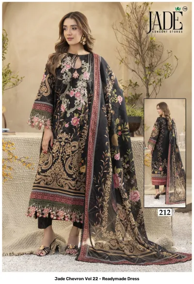 Jade Chevron Vol 22 - Readymade Dress: Model in a black, floral, and paisley-printed cotton salwar suit featuring intricate thread work and a matching dupatta.
