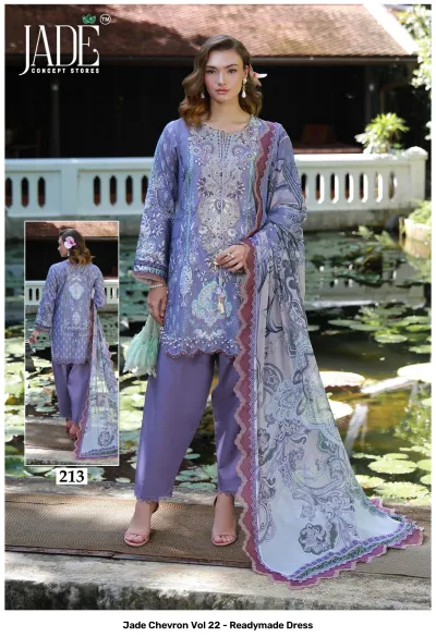Jade Chevron Vol 22 - Readymade Dress: Model wearing a light blue and purple printed kurti with delicate thread embroidery, matching trousers, and patterned dupatta.