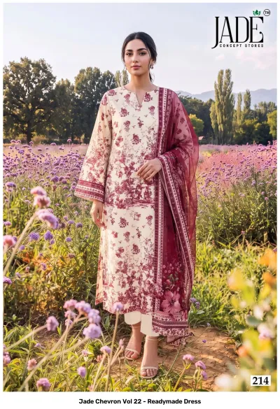 Jade Chevron Vol 22 - Readymade Dress: Model in a cream and maroon floral printed cotton salwar suit with a coordinated sheer dupatta.